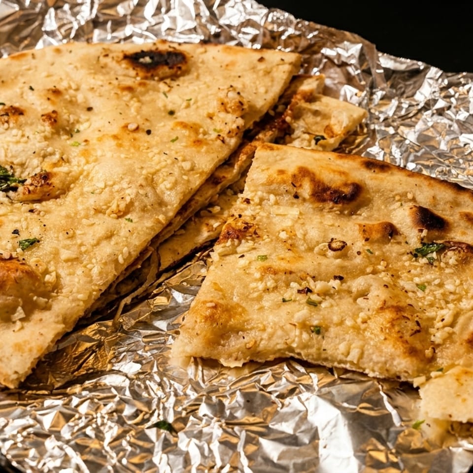 Garlic naan bread, cut into pieces, resting on crinkled aluminum foil.