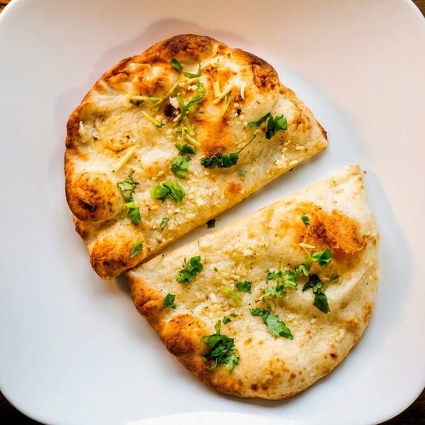 Two pieces of golden-brown naan bread, garnished with herbs and garlic, on a white plate.