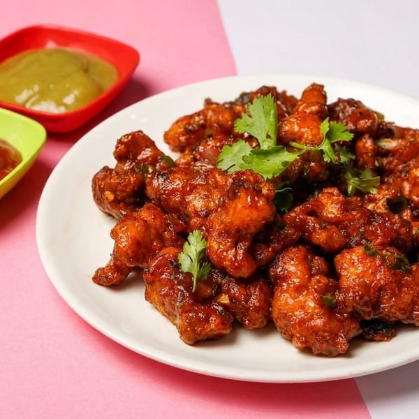 A plate of Gobi Manchurian with two small bowls of sauce on a pink and white background.