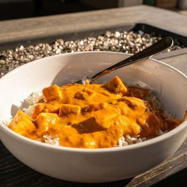 A white bowl filled with rice and orange curry, with a spoon, on a wooden table.