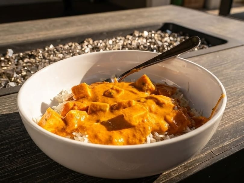 A white bowl filled with rice and orange curry, with a spoon, on a wooden table.