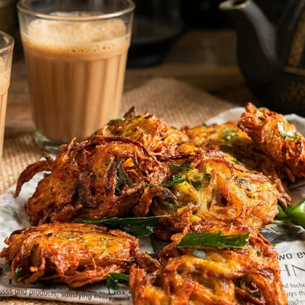 Crispy fried onion pakoras with green chilies and two glasses of chai on a rustic table.